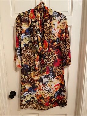 Versatile Floral Leopard Midi Dress in Multicolor with Matching Scarf/Shawl.